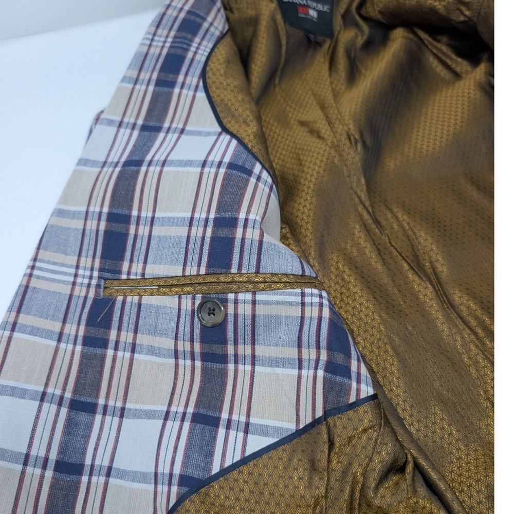 Banana Republic Mad Men Plaid Blazer 38S Tailored Slim Fit Navy Red Gold Lining - Picture 11 of 16